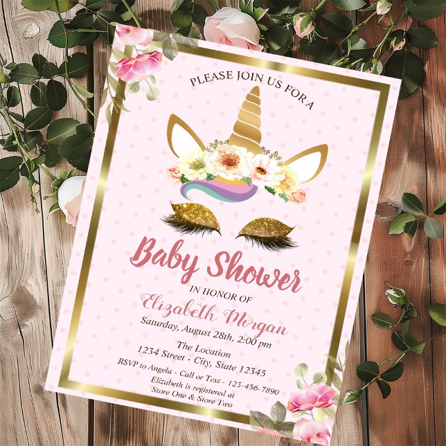 Guld Glitter Unicorn Blommigt Polka dots Baby Show Inbjudningar (Skapare uppladdad)