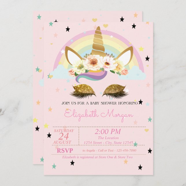 Guld Glitter Unicorn Blommigt Rainbow Baby Shower Inbjudningar (Fram/baksida)