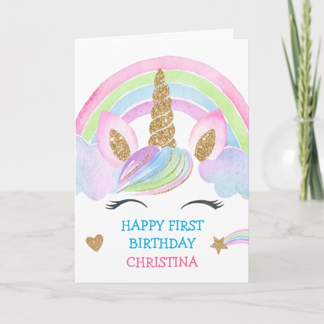 Guld Glitter Unicorn Personlig Girl Birthday Kort (Framsida)