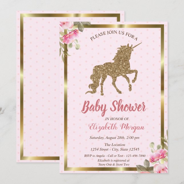 Guld Glitter Unicorn Polka dots,Blommigt Baby Show Inbjudningar (Fram/baksida)
