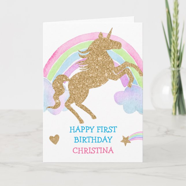Guld Glitter Unicorn Rainbow Girl Birthday Kort (Framsida)