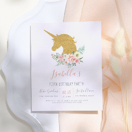 Guld Glitter Unicorn & Rosa Flowers Födelsedagsfes Inbjudan Vykort