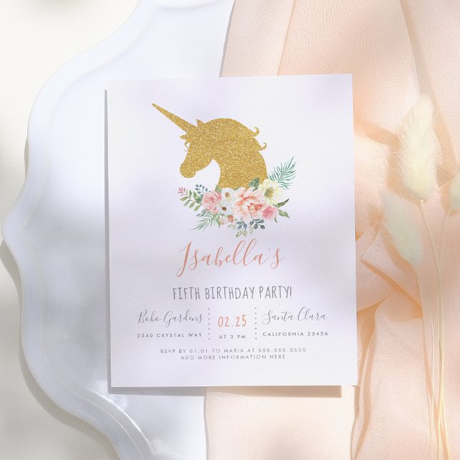 Guld Glitter Unicorn & Rosa Flowers Födelsedagsfes Inbjudan Vykort (Skapare uppladdad)
