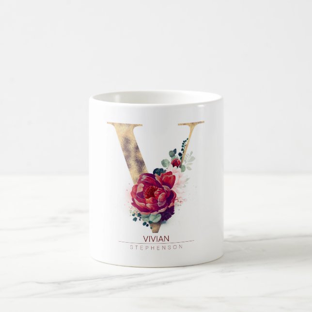 Guld Glitter V Monogram Blommigt Burgundy Red Kaffemugg (Center)