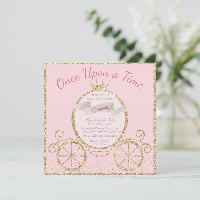 Guld Glitter Vagn Saga Baby Shower Inbjudningar (Stående Fram)