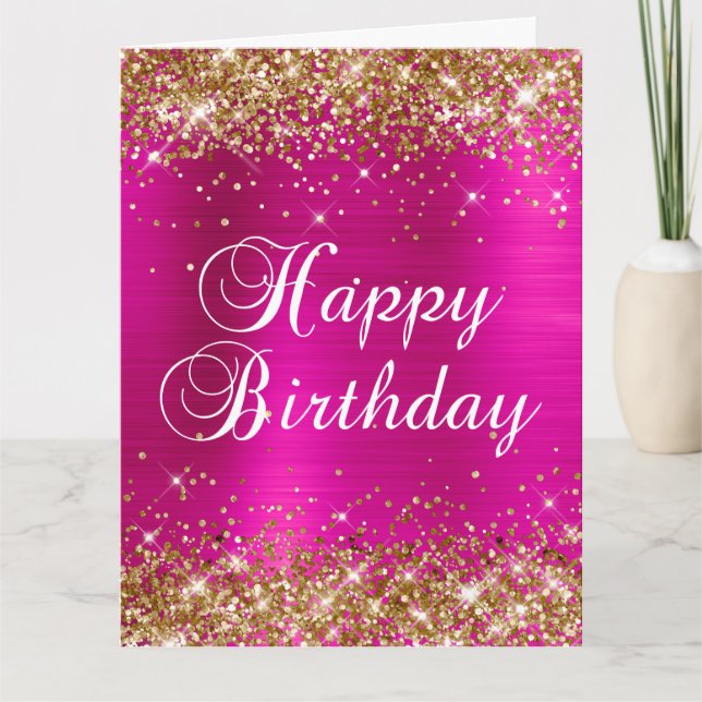 Guld Glitter Varm Rosa Folie Stor Glad Födelsedag Kort (Framsida)