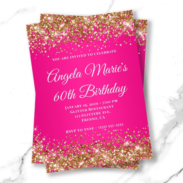 Guld Glitter Varm Rosa Lyxig Monogram 60-årsdag Inbjudningar (Gold Glitter Hot Pink Fancy Monogram 60th Birthday Invitation)