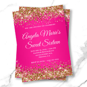 Guld Glitter Varm Rosa Lyxig Monogram Söt Sextonår Inbjudningar