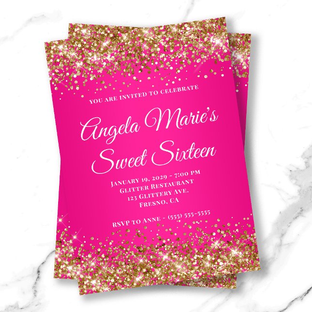 Guld Glitter Varm Rosa Lyxig Monogram Söt Sextonår Inbjudningar (Gold Glitter Hot Pink Fancy Monogram Sweet Sixteen Invitation)