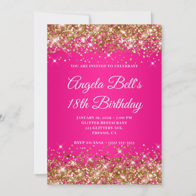 Guld Glitter Varm Rosa Ombre Monogram 18-årsdag Inbjudningar (Framsida)