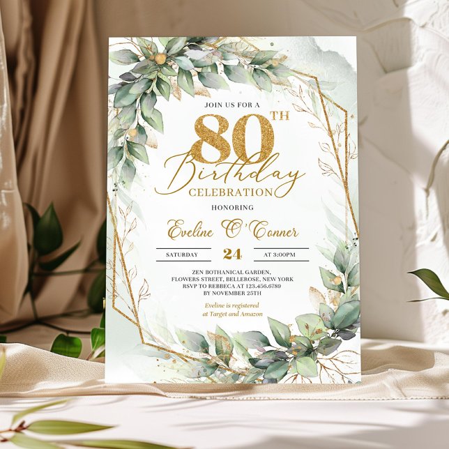 Guld glitter, vattenfärgad eukalyptus 80-årsdag inbjudningar (Delicate green eucalyptus and gold glitter number 80th birthday invitation digital
)