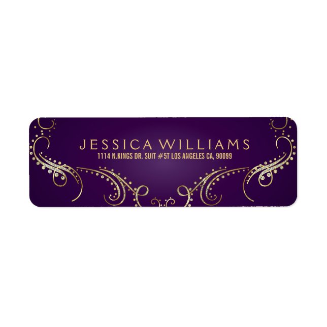 Guld Glitter vid Blommigt vid  Ram vid Lila Returadress Etikett (Framsidan)