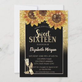 Guld Glitter,Vin,Glas, Solblommor, sötad 16 Party Inbjudningar