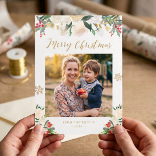 Guld Glitter Vinter Blommig Glad Jul Foto Julkort
