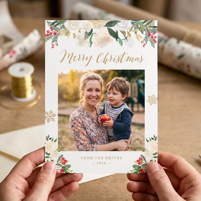 Guld Glitter Vinter Blommig Glad Jul Foto Julkort (Skapare uppladdad)