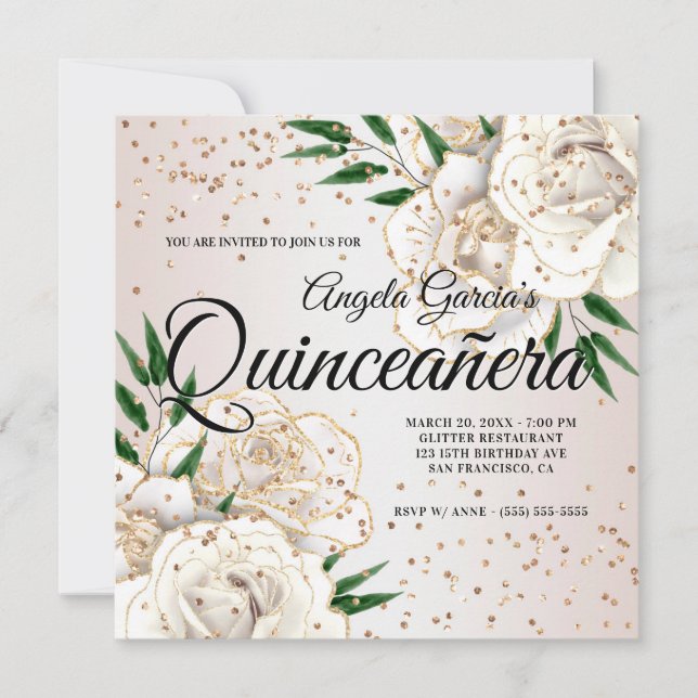 Guld Glitter Vit Blommig Glam Quinceañera Inbjudningar (Framsida)