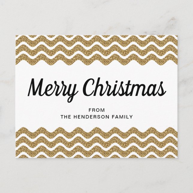 Guld Glitter Vit Chevron Ränder God Jul Vykort (Framsida)