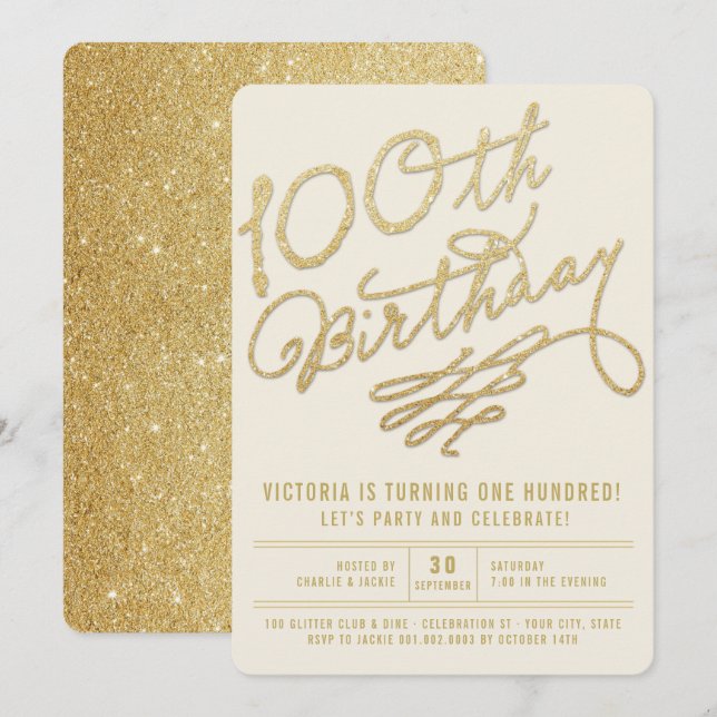 Guld Glitter Vuxen 100-årsfest Inbjudan (Fram/baksida)
