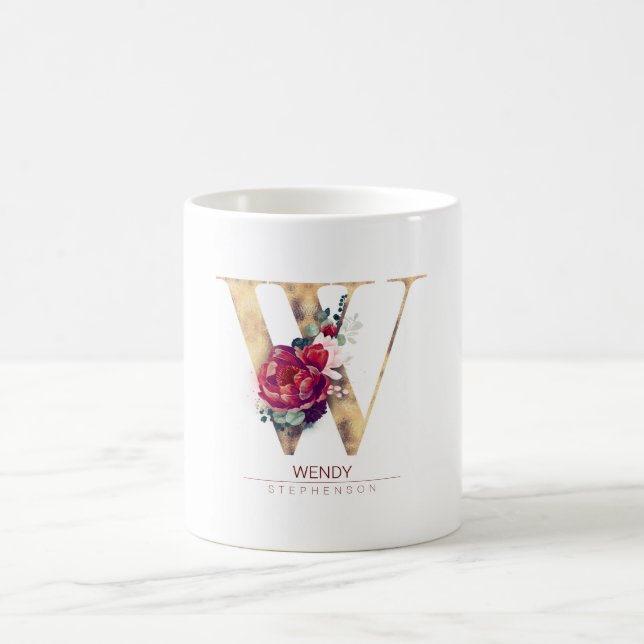 Guld Glitter W Monogram Blommigt Burgundy Red Kaffemugg (Center)