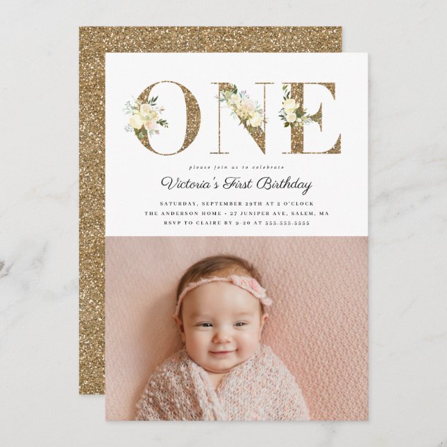 Guld Glitter Watercolor Blommigt Foto 1:a födelsed Inbjudningar (Fram/baksida)