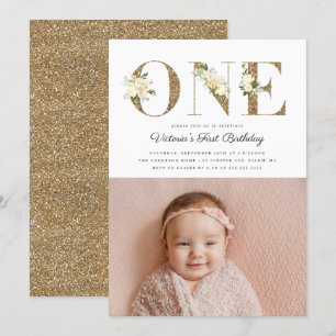 Guld Glitter Watercolor Blommigt Foto 1:a födelsed Inbjudningar