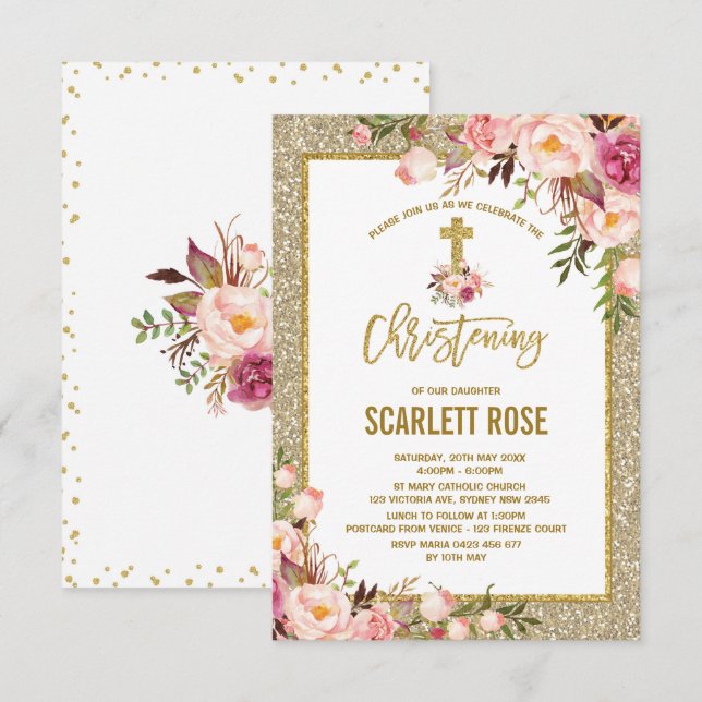Guld Glitter Watercolor Blommigt Girl Christening Inbjudningar (Fram/baksida)