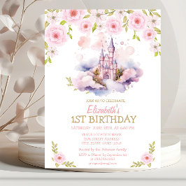 Guld Glitter, Watercolor Castle, Blommigt Birthday Inbjudningar