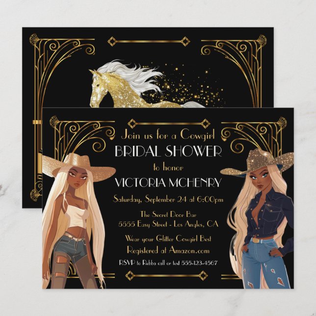 Guld Glitter Western Cowgirl Möhippa Inbjudningar (Fram/baksida)