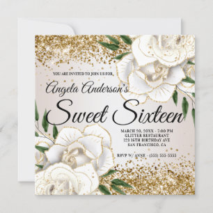 Guld Glitter White Blommigt Glam Sweet sixteen Inbjudningar