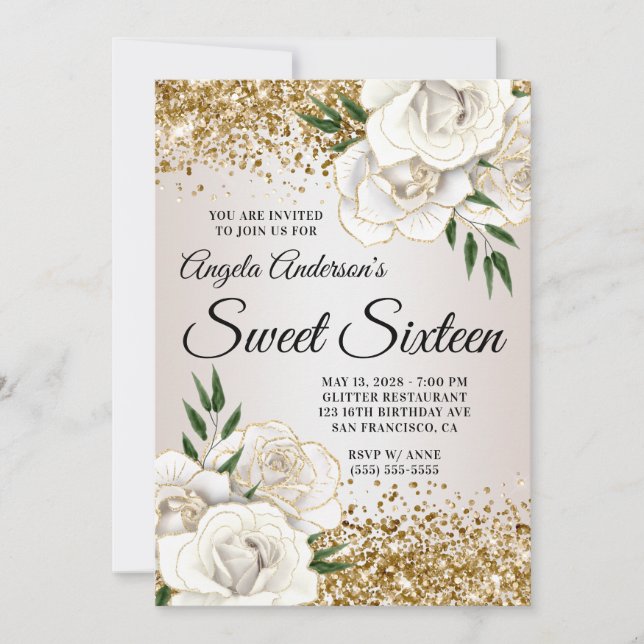Guld Glitter White Blommigt Glam Sweet sixteen Inbjudningar (Framsida)