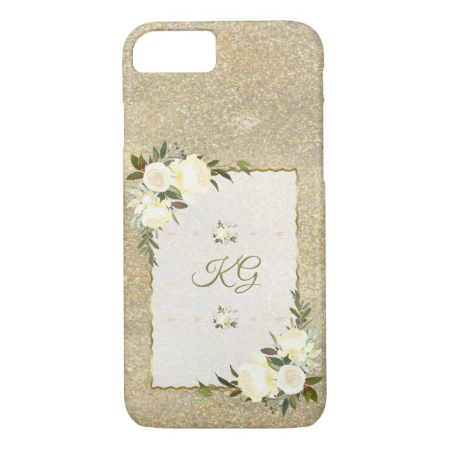 Guld Glitter White Blommigt Monogram Case-Mate iPhone Skal (Baksida)