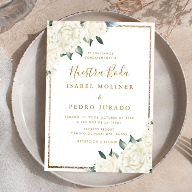 Guld Glitter White Blommigt Nuestra Boda Bröllop Inbjudningar (Skapare uppladdad)