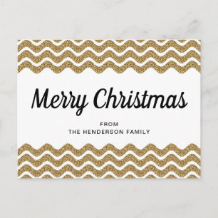 Guld Glitter White Chevron Rand God jul Vykort