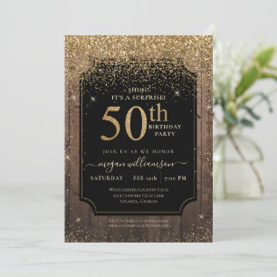 Guld Glitter Wood 50:e Födelsedagsfesten Black Inbjudningar