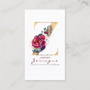 Guld Glitter Z Monogram Burgundy Red Blommigt Visitkort