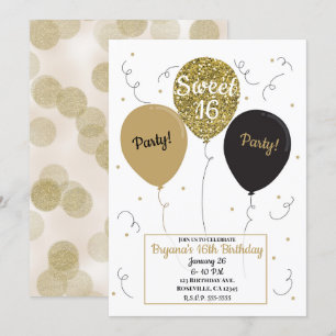 Guld Glitterballonger Sweet 16 Födelsedagsfest Inbjudningar