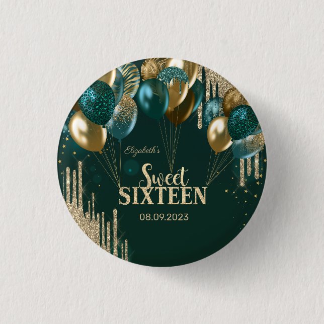 Guld Glitterdroppar Ballonger Gröna Sweet 16 Knapp (Framsida)