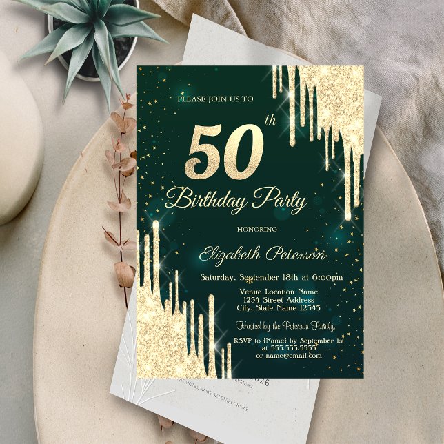 Guld Glitterdroppar Grön 50-årsdag Inbjudningar (Skapare uppladdad)
