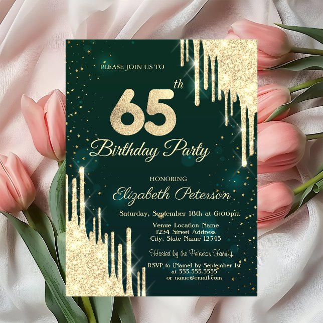 Guld Glitterdroppar Grön 65-årsdag Inbjudningar (Skapare uppladdad)