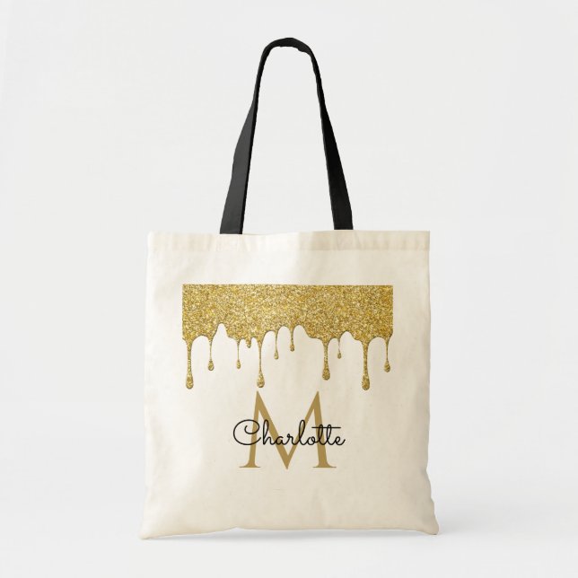 Guld Glitterdroppar Monogram Elegant Feminint Skri Tygkasse (Framsidan)