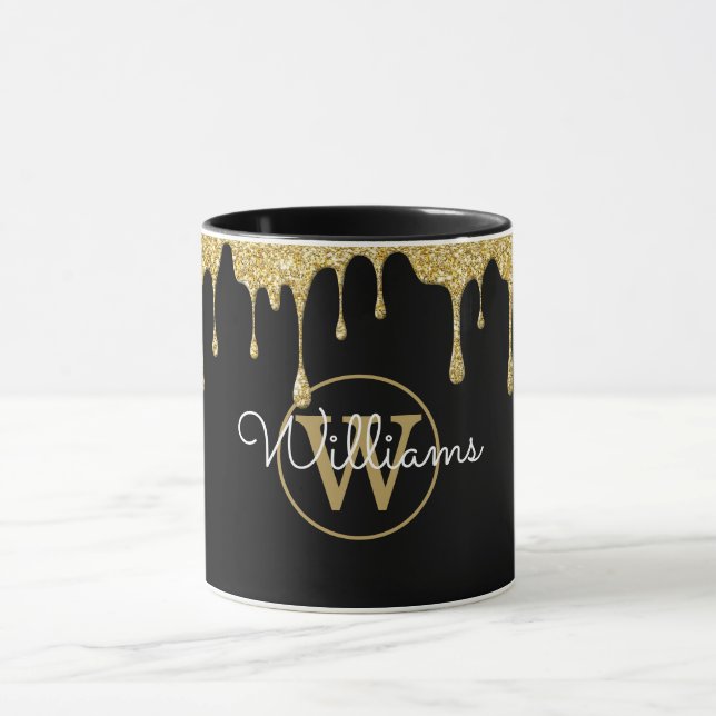 Guld Glitterdroppar Monogram Skript Svart Mugg (Center)