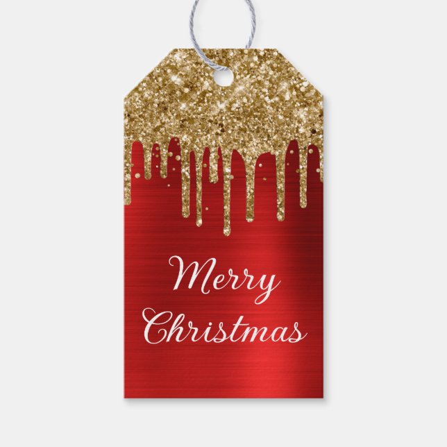 Guld Glitterdroppar Röd Folie God Jul Presentetikett (Framsidan)