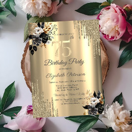 Guld Glitterdroppar Svarta Rosor 75-årsdag Inbjudningar