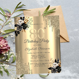 Guld Glitterdroppar Svarta Rosor 80-årsdag Inbjudningar