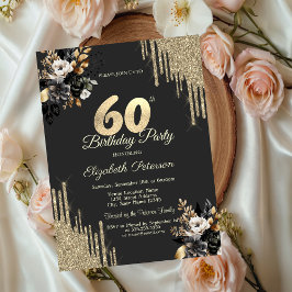 Guld Glitterdroppar Svarta Rosor Mörk 60-årsdag Inbjudningar