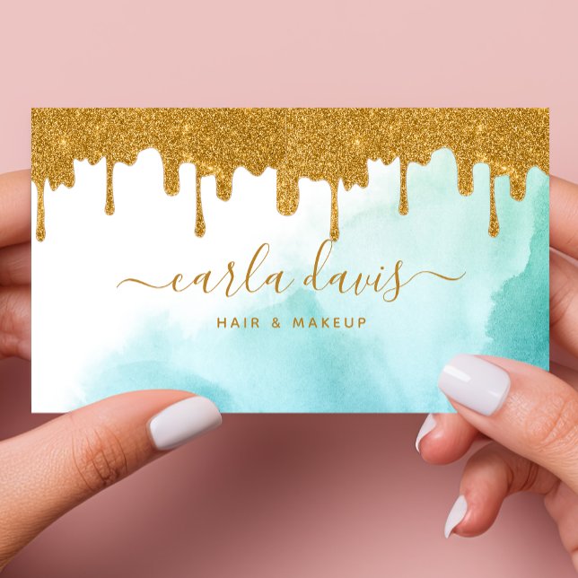 Guld Glitterdroppar Teal Vattenfärg Sminkartist Visitkort (Skapare uppladdad)