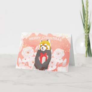 Guld- glitterjulkort för rosa blom- röd Panda Helgkort