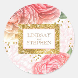 Guld- glitterkonfettiar och rosablommavattenfärg runt klistermärke