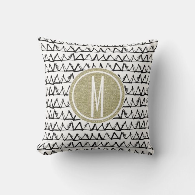 Guld- glitterMonogram för svart trianglar Kudde (Framsida)