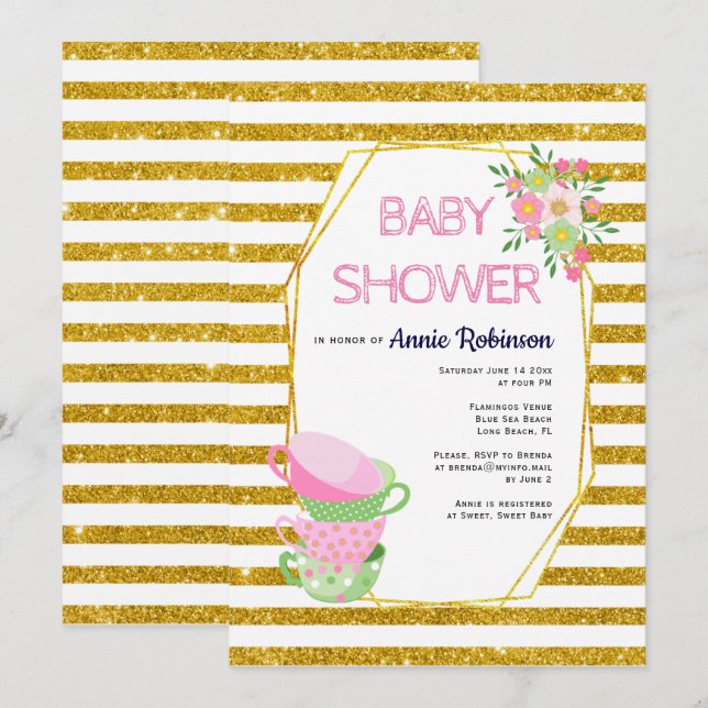 Guld glitterpolygon, tekoppar blommig baby shower inbjudningar (Fram/baksida)
